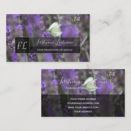 Monogram lavendel vlinderrechthoek visitekaartje (Voorkant / Achterkant)