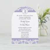 Monogram  Lavender Damask Foto Wedding Kaart (Staand voorkant)