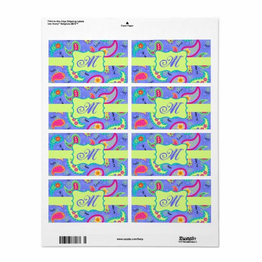 Monogram lavender Green Modern Paisley Pattern Etiket (Full Sheet)