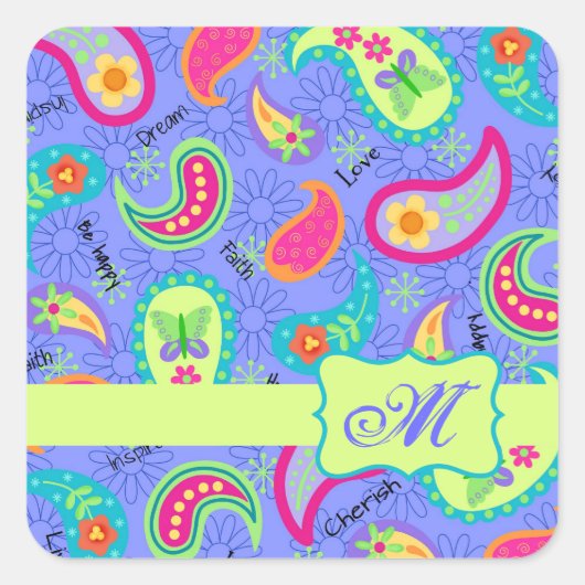 Monogram lavender Green Modern Paisley Pattern Vierkante Sticker (Voorkant)