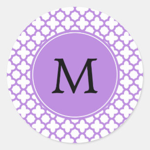 Monogram Lavender Quatrefoil Patroon Ronde Sticker