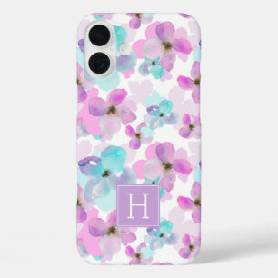 Monogram lavender Waterverf Flowers iPhone 16 Plus Hoesje