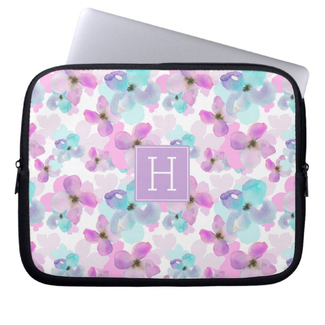 Monogram lavender Waterverf Flowers Laptop Sleeve (Voorkant)