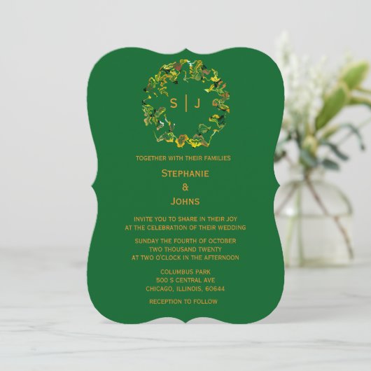 Monogram Leaf Crest Orange Forest Green Wedding Kaart (Staand voorkant)