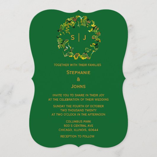 Monogram Leaf Crest Orange Forest Green Wedding Kaart (Voorkant)
