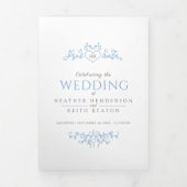 Monogram leaf hart lichtblauwe witte bruiloft drieluik uitnodiging (Cover)