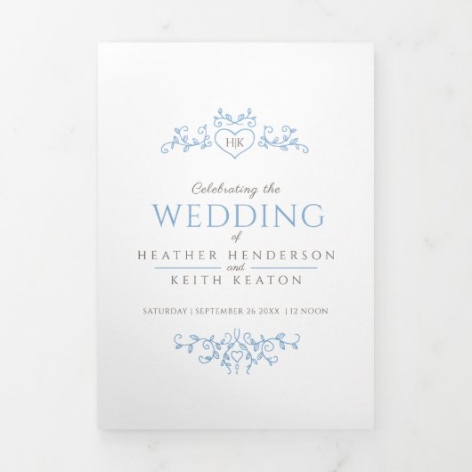 Monogram leaf hart lichtblauwe witte bruiloft drieluik uitnodiging (Cover)