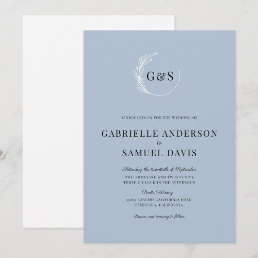 Monogram Leaf Wreath Minimal Dusty Blue Wedding Kaart (Voorkant / Achterkant)
