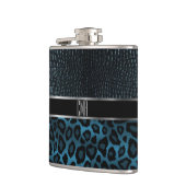 Monogram leder en luipaard - Blauw Heupfles (Links)