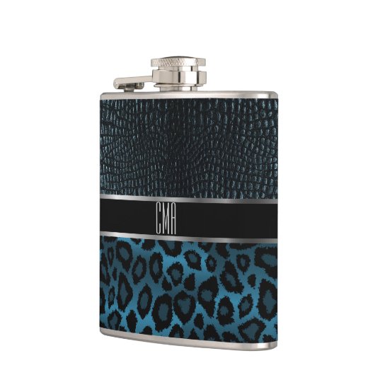 Monogram leder en luipaard - Blauw Heupfles (Links)