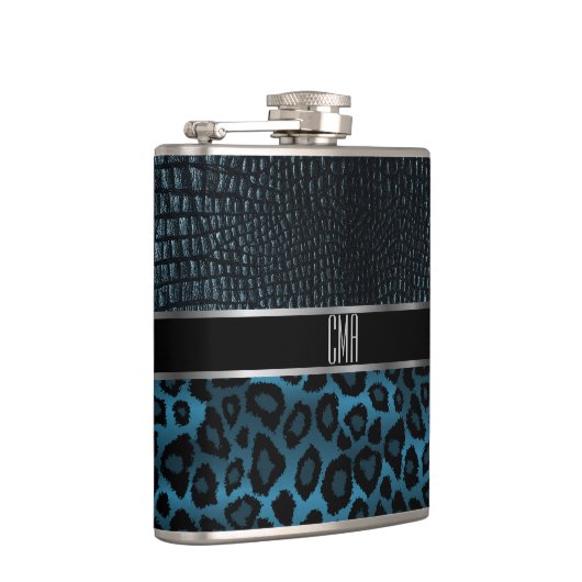 Monogram leder en luipaard - Blauw Heupfles (Rechts)