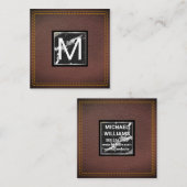 Monogram | Leder | Marmer Metal Trim Vierkante Visitekaartje (Voorkant / Achterkant)