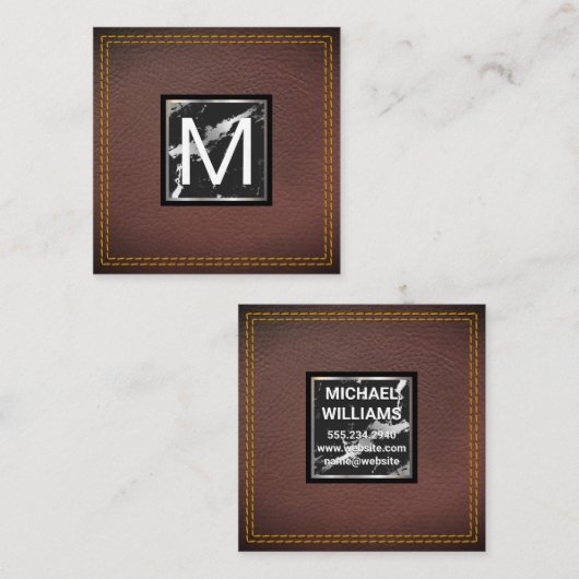 Monogram | Leder | Marmer Metal Trim Vierkante Visitekaartje (Voorkant / Achterkant)