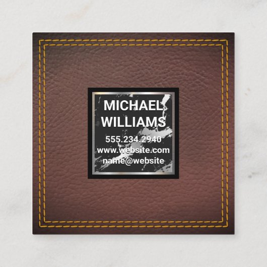 Monogram | Leder | Marmer Metal Trim Vierkante Visitekaartje (Achterkant)