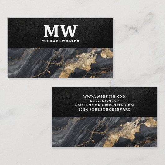 Monogram | Leer | Marmeren textuur Visitekaartje (Voorkant / Achterkant)