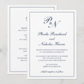 Monogram legant marinesblauw in één bruiloft kaart (Voorkant / Achterkant)