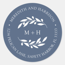Monogram leisteen blauw bruiloft retour adres ronde sticker
