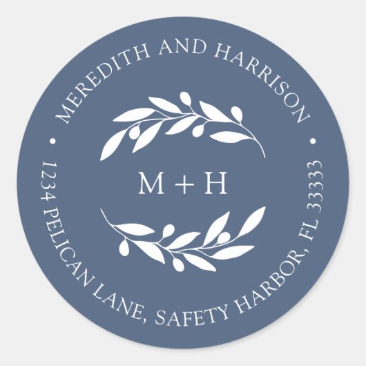Monogram leisteen blauw bruiloft retour adres ronde sticker (Voorkant)