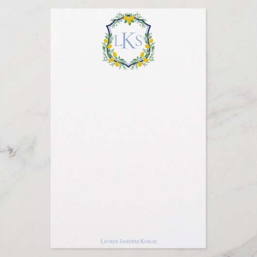 Monogram Lemon Crest, Blauw en Wit Custom Briefpapier (Voorkant)
