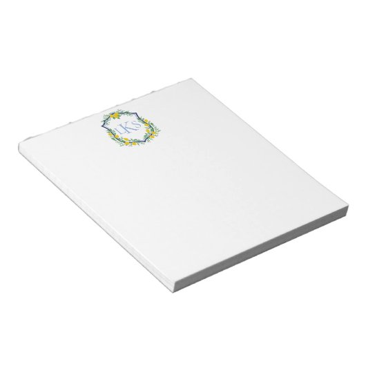 Monogram Lemon Crest, Blauw en Wit Custom Notitieblok (Schuin)