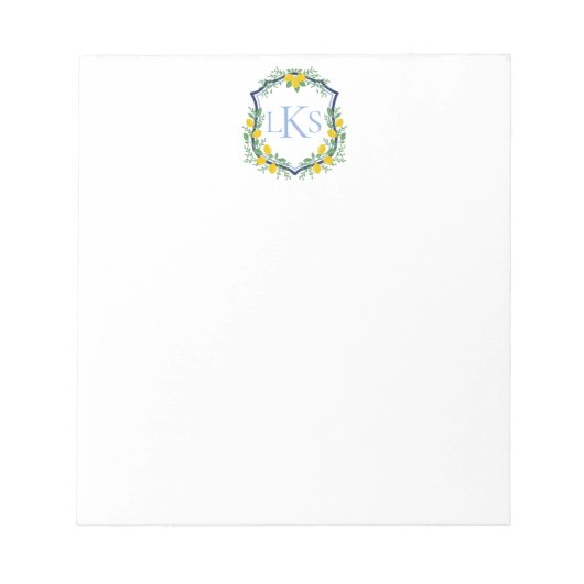Monogram Lemon Crest, Blauw en Wit Custom Notitieblok (Voorkant)