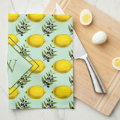 Monogram Lemon en olijfpatroon geel en blauw Theedoek (Quarter Fold)