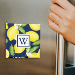 Monogram Lemon Fruit Navy Blue Magnet<br><div class="desc">Het botanische waterverf citroenpatroon heeft een wit vierkant monogram.</div>