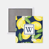 Monogram Lemon Fruit Navy Blue Magnet (Voorkant / Achterkant)