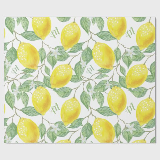 Monogram  Lemon Fruits Leaves en Flowers Cadeaupapier (Vlak)