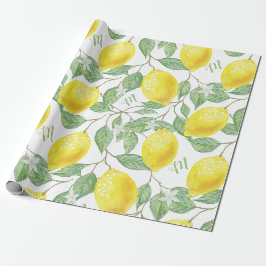 Monogram  Lemon Fruits Leaves en Flowers Cadeaupapier (Uitgerold)