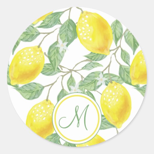 Monogram Lemon Fruits Leaves en Flowers Ronde Sticker (Voorkant)
