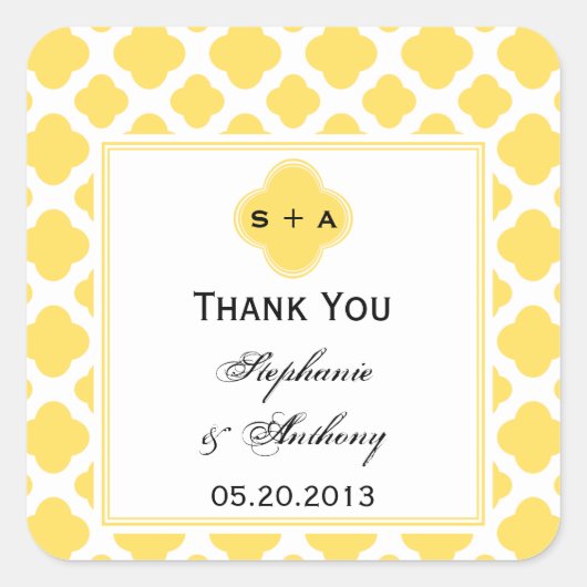 Monogram Lemon Geel en Wit Quatrefoil Patroon Vierkante Sticker (Voorkant)