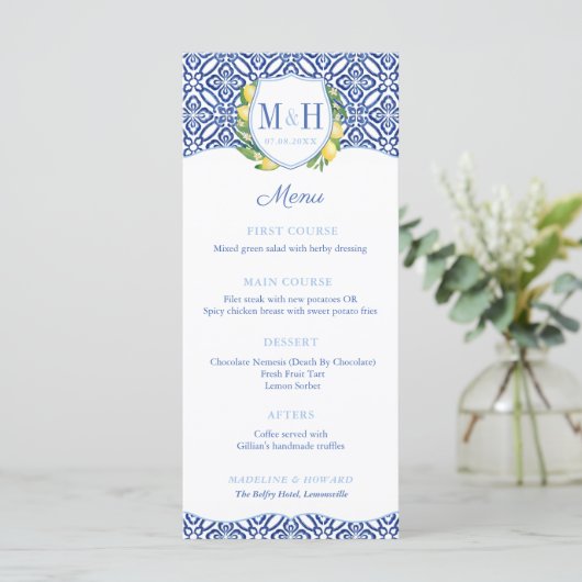 Monogram Lemons Blue Tegels Wedding Shower Party Menu (Staand voorkant)