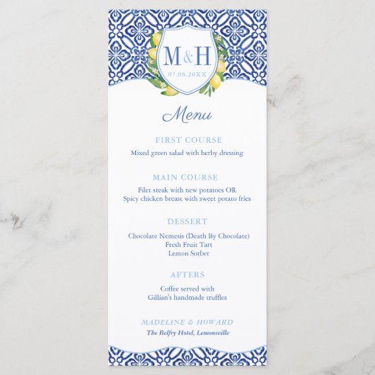Monogram Lemons Blue Tegels Wedding Shower Party Menu (Voorkant)