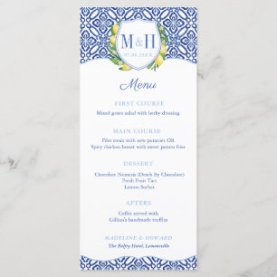Monogram Lemons Blue Tegels Wedding Shower Party Menu