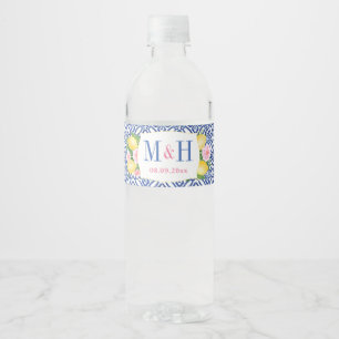 Monogram Lemons Blue Tegels Wedding Shower Party Waterfles Etiket