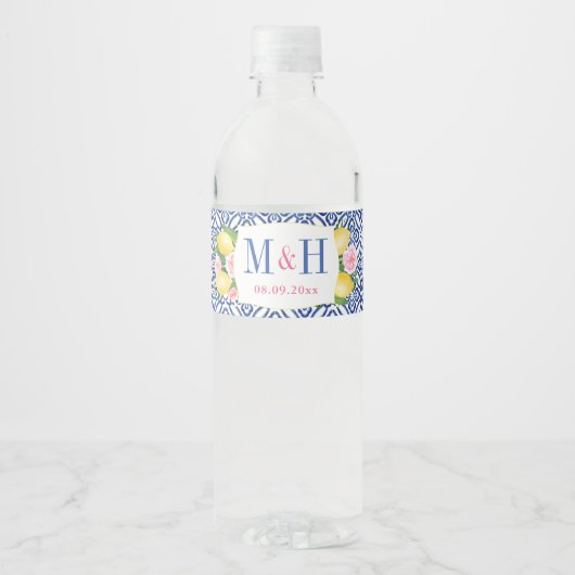 Monogram Lemons Blue Tegels Wedding Shower Party Waterfles Etiket (Voorkant)