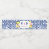 Monogram Lemons Blue Tegels Wedding Shower Party Waterfles Etiket (Enkel label)