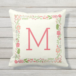 Monogram lente bloemenborder koraal moderne perzik buitenkussen