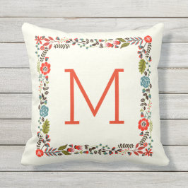 Monogram  lente bloemenrand blauwgroen, rood buitenkussen