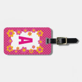 Monogram lente bloesem meisje roze geruite patroon bagagelabel (Voorkant horizontaal)
