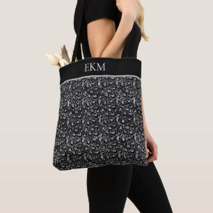 Monogram Leopard Animal Print Zwart Zilver Grijs Tote Bag