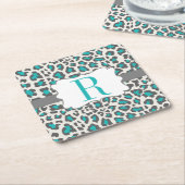 Monogram Leopard Aqua Gray White Paper Onderzetter (Schuin)