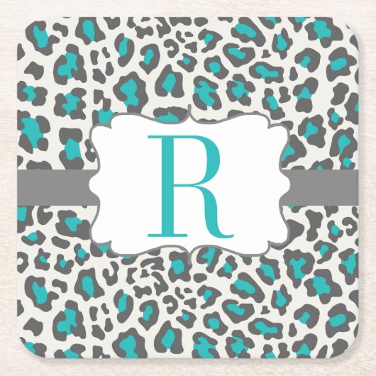 Monogram Leopard Aqua Gray White Paper Onderzetter (Voorkant)