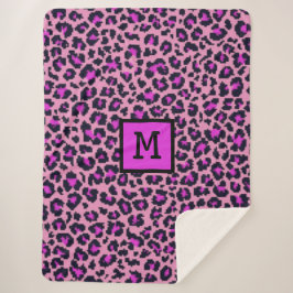 Monogram Leopard Print Initiaal Dierlijk Paars Sherpa Deken