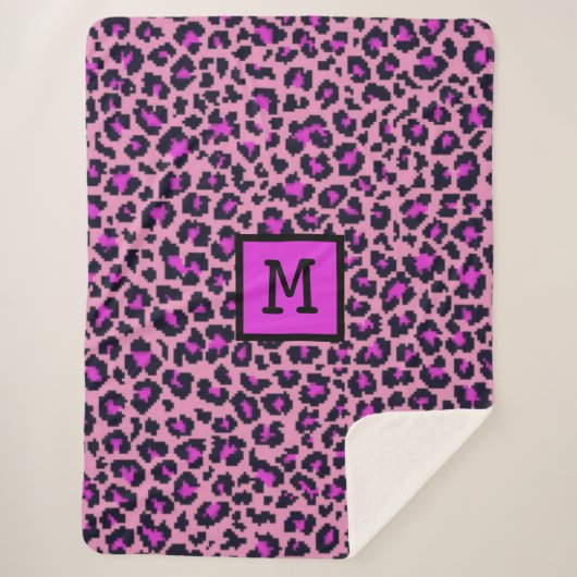 Monogram Leopard Print Initiaal Dierlijk Paars Sherpa Deken (Voorkant)
