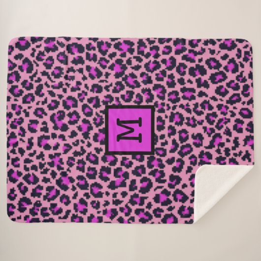 Monogram Leopard Print Initiaal Dierlijk Paars Sherpa Deken (Voorkant (horizontaal))