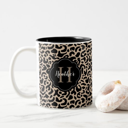Monogram Leopard Print Tweekleurige Koffiemok (Met donut)