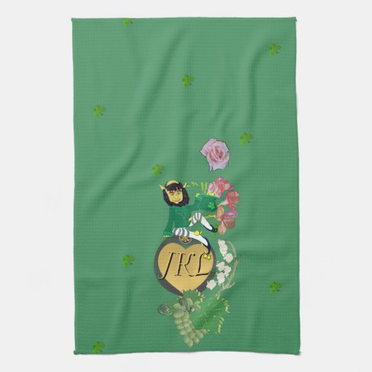 Monogram Leprechaun Groen Fruit en Bloemen Theedoek (Verticaal)