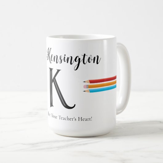 Monogram leraar rood blauw geel potloden koffiemok (Voorkant rechts)